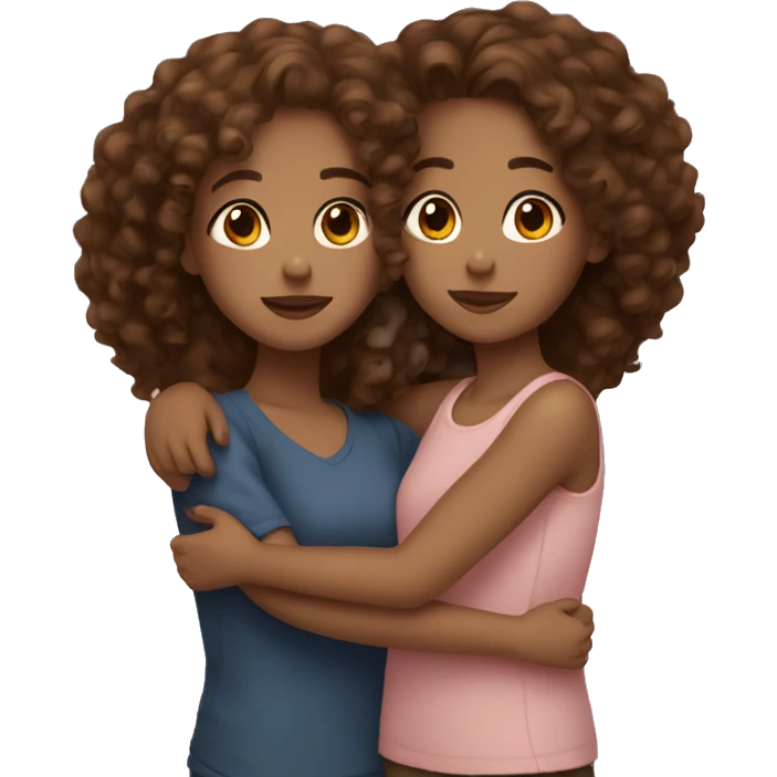 Two sister cuddling with brown curly hair one is light skin and one is dark brown skin  emoji