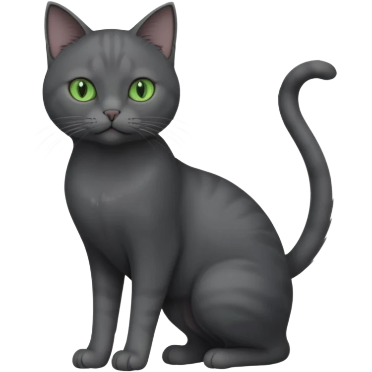 full body view of beautiful female solid dark grey cat with green eyes, grey face, white toes/paws and small white patch on her chest emoji