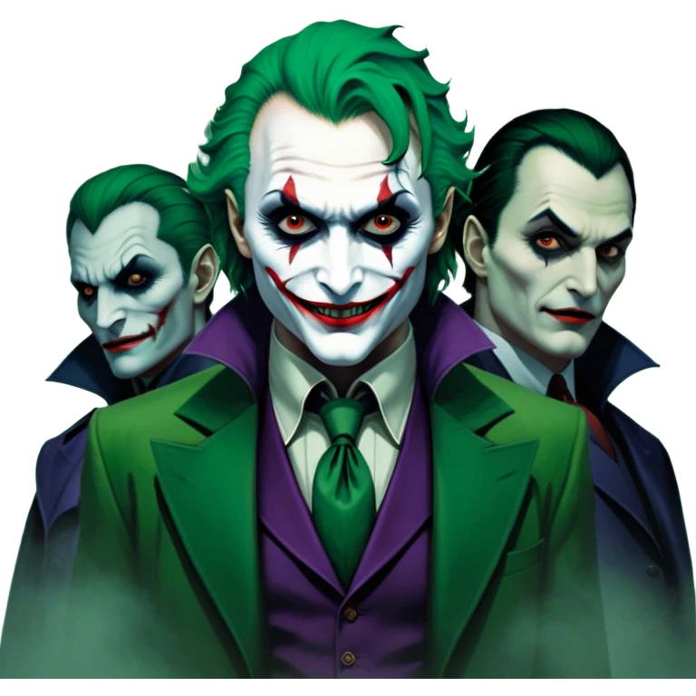 Thriller Movie Icon: A dark, intense collage with close-up images of iconic thriller characters like 1 Joker, 1 Hannibal Lecter, and 1 Vlad Dracula. The background features a moody Gotham City skyline, with shadowy figures and fog. Atmospheric, suspenseful tone. Transparent background. emoji