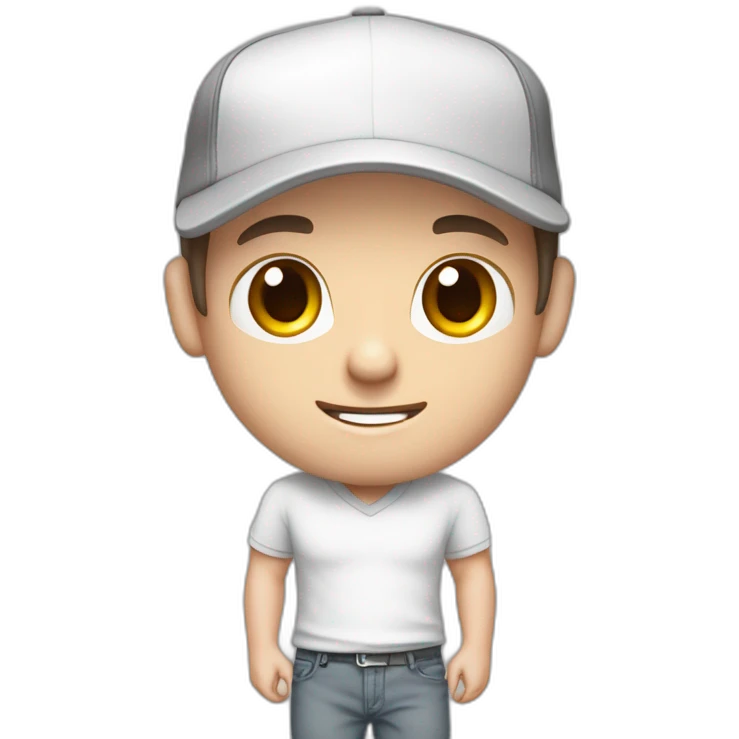 Pale skinned fit Man with dark brown hair in a white cap, gray jeans and gray polo T-shirt keeping a pasted with tape box into his hands emoji