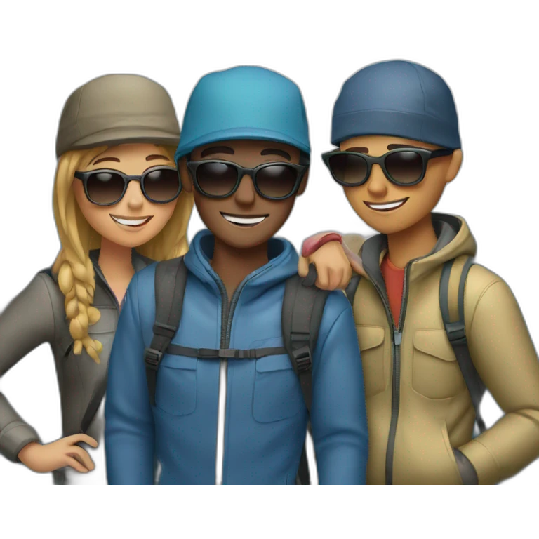 four friends reaching the top of the mountains wearing a cap and sunglasses emoji