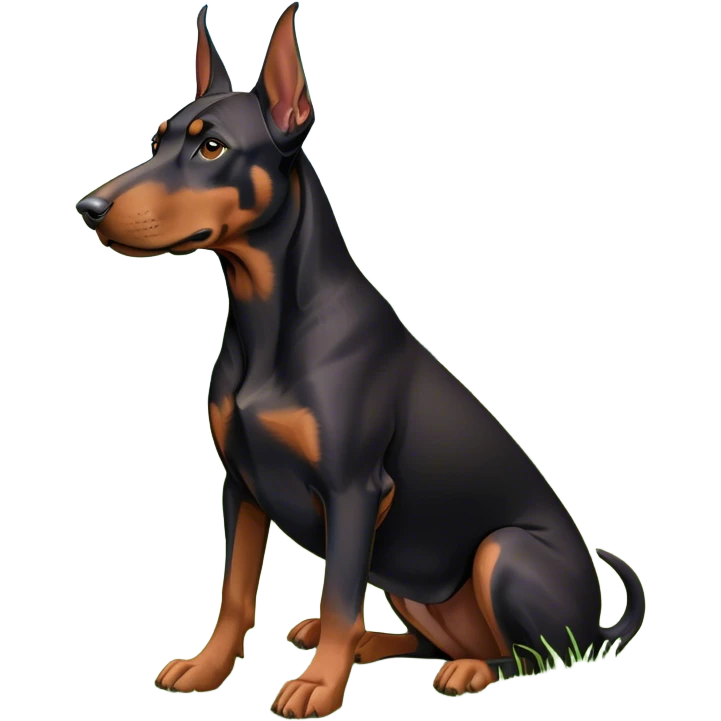Close-up of a Doberman Pinscher sitting on lush green grass, looking alert and majestic. The background features a beautiful, serene nature view with rolling hills and bright blue skies. The dog’s sleek black and tan coat shines under the sun. Transparent background. emoji