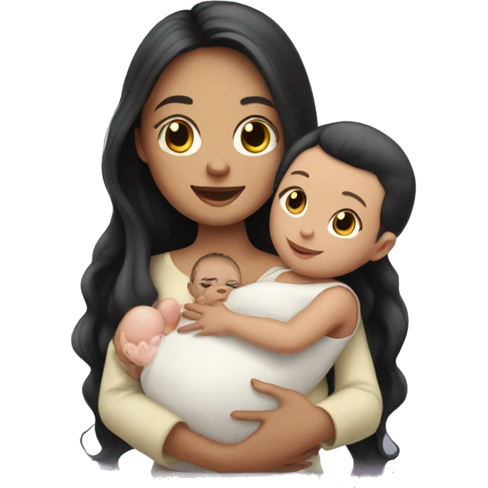 Pale girl with long black hair is holding a newborn baby emoji