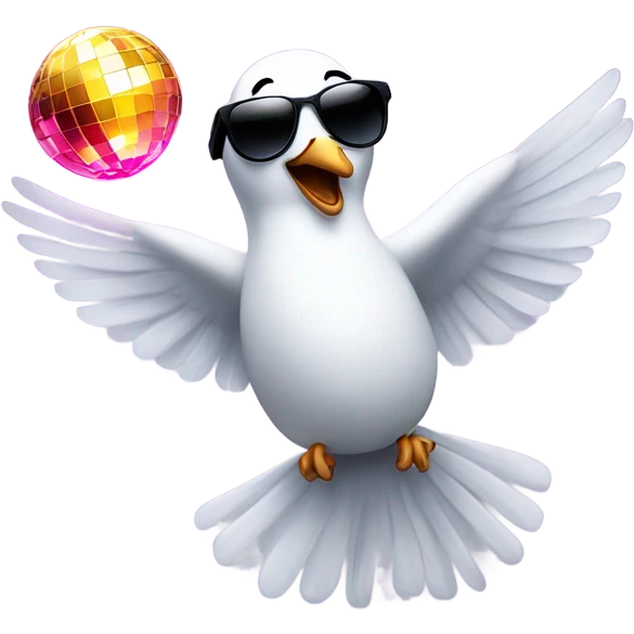 An dove in trendy sunglasses dancing under a disco ball, looking happy. emoji