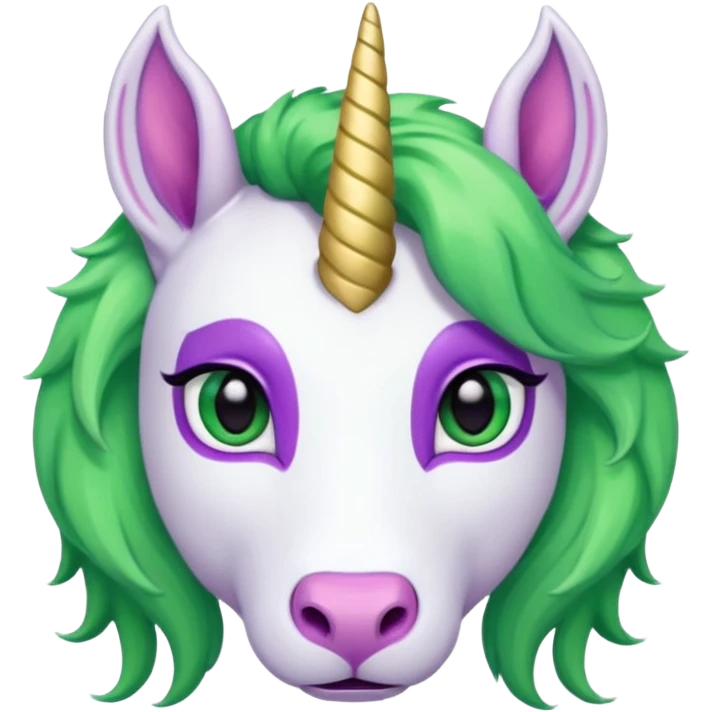 white furred unicorn with green hair and big purple earrings looking into camera and big horn and big earrings emoji