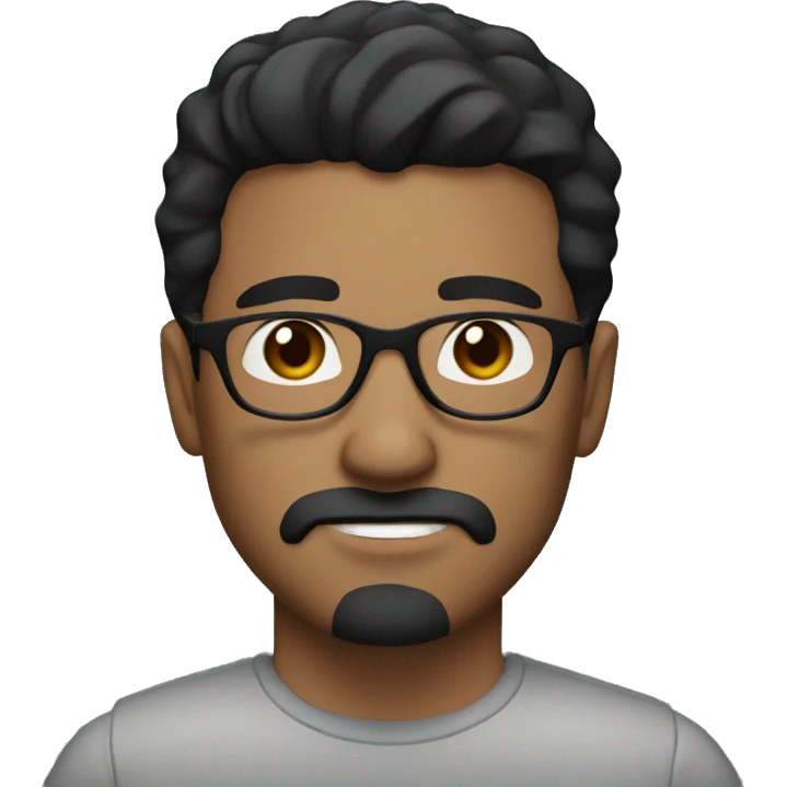 a man with black short hair, glasses, brown eyes and a dark short mustache and a goatee. emoji