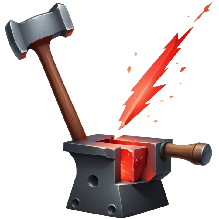 Blacksmithing icon, piece of metal being hammered on an anvil, blacksmith's hammer, sparks flying, glowing red metal, forge in the background, minimalistic style, clean lines, transparent background. emoji