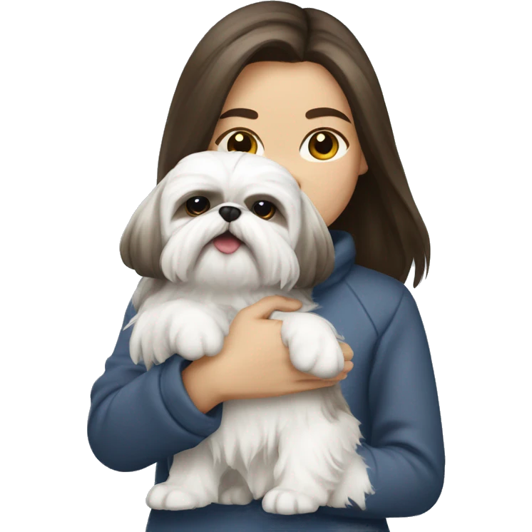 brunette girl with white fur shih tzu dog in her arms emoji
