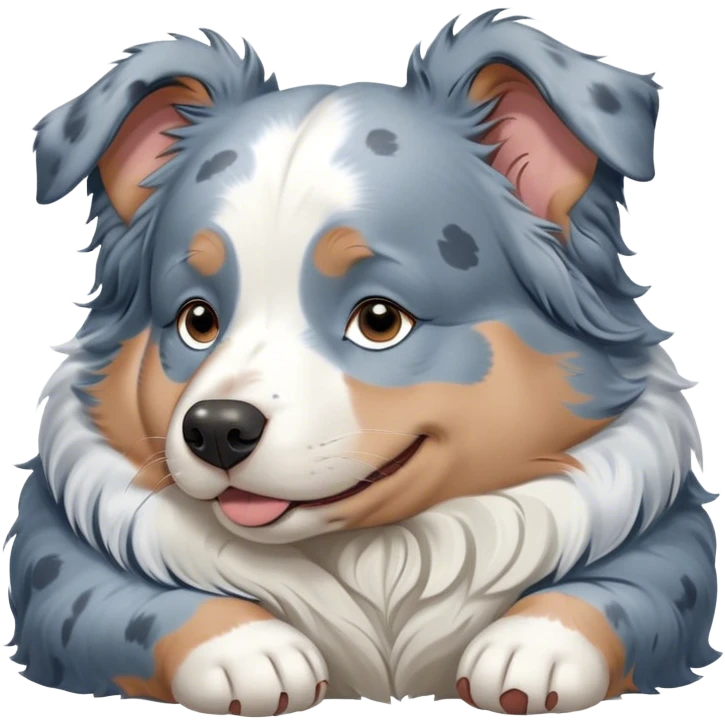 Cinematic Meme-Worthy Chubby Sleeping Blue Merle Australian Shepherd Portrait Emoji, Head resting peacefully with a contented smile, showcasing a delightfully chubby build and a luxuriously soft blue merle coat with striking white accents, eyes shut in a serene nap, Simplified yet hilariously adorable features, highly detailed, glowing with a soft, drowsy light, high shine, relaxed and utterly lovable, stylized with an air of playful laziness, bright and heartwarming, soft glowing outline, capturing the essence of a comically sleepy Blue Merle Australian Shepherd, so meme-worthy it feels like it could instantly become the next viral sensation of adorable slumber! emoji