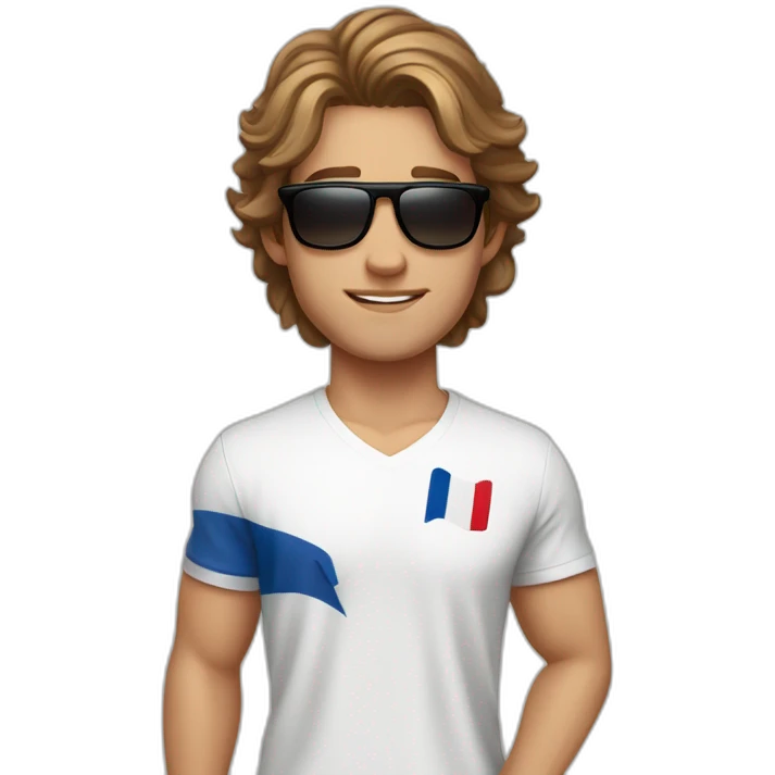 A young fit man with a white shirt and sunglasses on his hair with brown hair and a French flag in his hand emoji