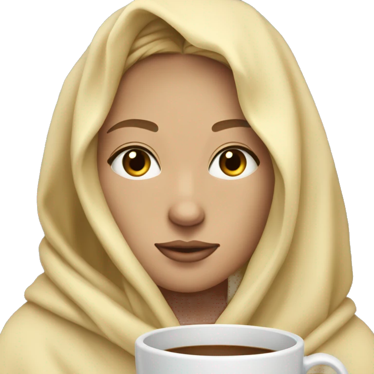 Blonde hair long  tan skin  black eyes inside a blanket sipping coffee eyes closed emoji