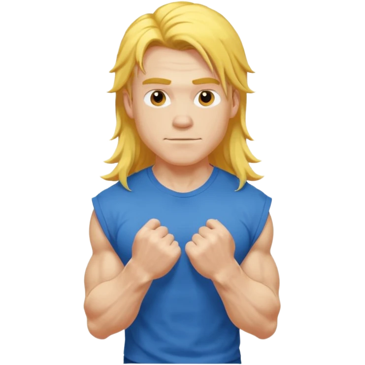 young guy with biceps fkexing, long yellow hair, blue t-shirt emoji