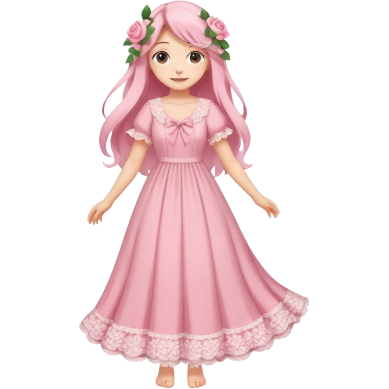 pastel anime woman with pink and white lace cottage dress full body and long hair with roses emoji