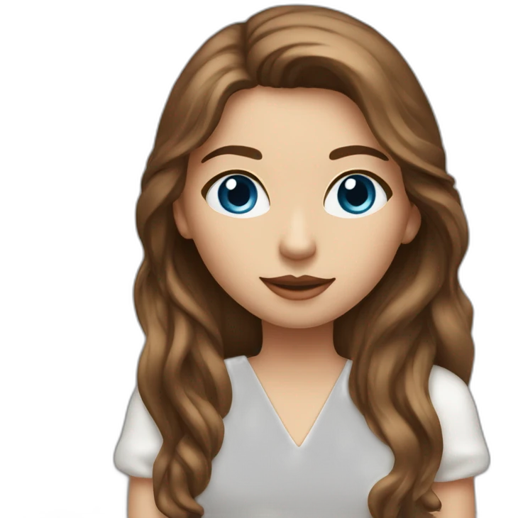 Girl with long brown hair blue eyes in white dress small nose big lips with MacBook  emoji