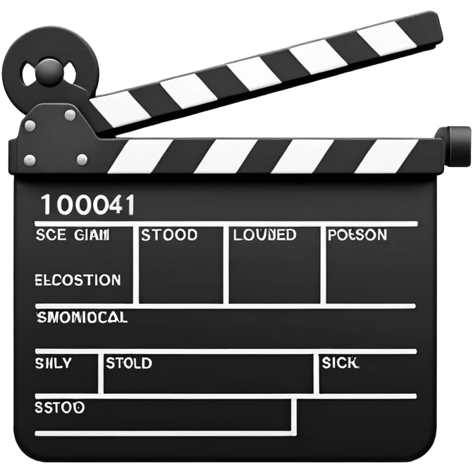 Extremely minimalist movie clapperboard with angled top bar, black and white, iOS emoji style with just the essential elements emoji