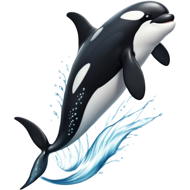 Meme-Worthy Breaching orca Portrait Emoji, Bursting powerfully out of the ocean with an impressive, high-energy leap, showcasing a sleek black-and-white body glistening with water droplets and dynamic, arched posture, Simplified yet exhilaratingly expressive features, highly detailed, glowing with a vibrant marine energy, high shine, bold and full of life, stylized with an air of untamed ocean spirit, soft glowing outline, capturing the essence of an orca mid-breach, radiating pure, unstoppable aquatic power! emoji