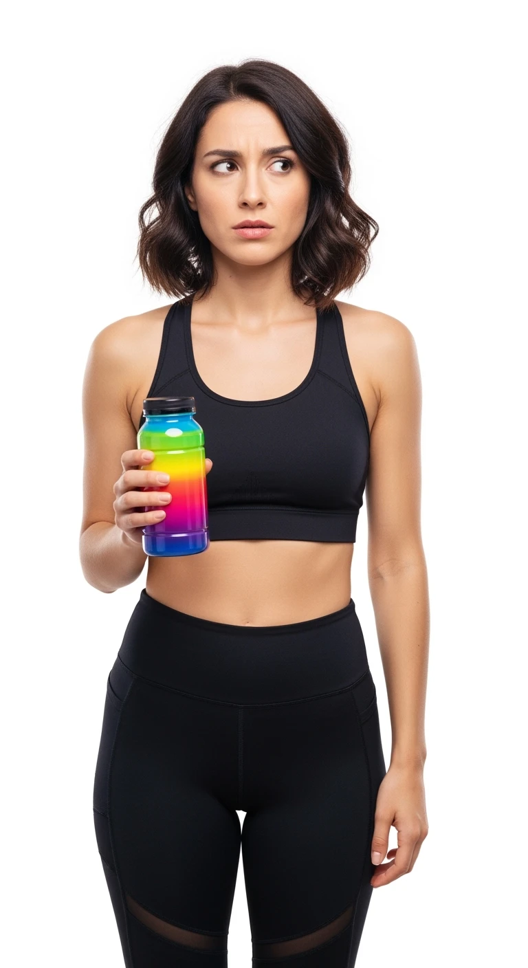 DONNA FITNESS ITALIANA CON BOCCETTA DI INTEGRATORE IN MANO ED ESPRESSIONE DUBBIOSA IN VOLTO, REALISTICA 4K, ISOLATA SU SFONDO BIANCO emoji