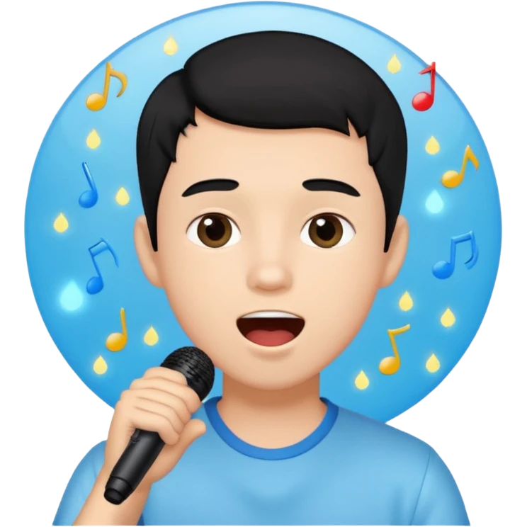 Beautiful Boy with black hair singing karaoke funny light blue aesthetic background with lights emoji