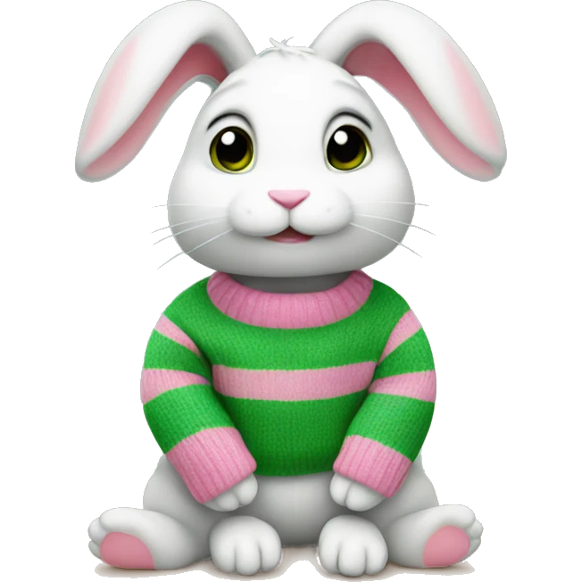 Cute rabbit is sitting wearing pink, green stripe sweater emoji