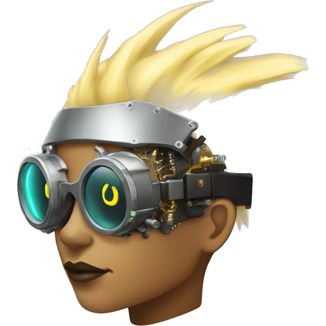 Light yellow Mohawk hair female cyborg head, dark skin, steampunk goggles and circuits emoji