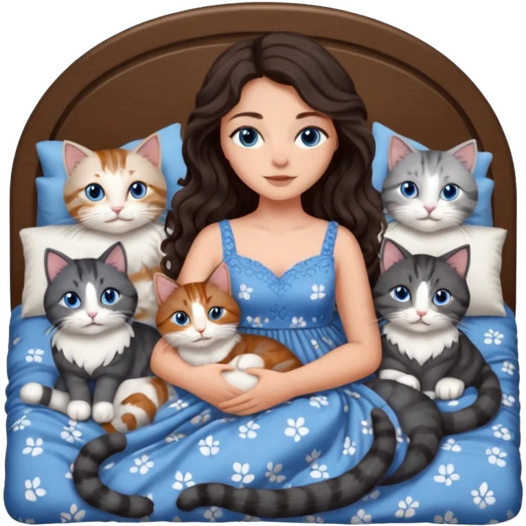 detailed realistic looking a dark grey and white cat regally laying with six other cats, cuddling with their owner in bed who is a pretty bratz lightly tanned white girl with long dark brown hair, blue eyes and gorgeous long wavy hair wearing a pretty detailed dress emoji