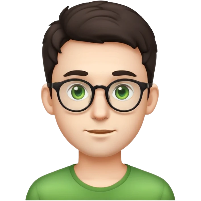 young male emoji with youthful face, poofier slightly curly dark hair, big ears, pale skin, glasses, green eyes set wider apart, very light stubble emoji