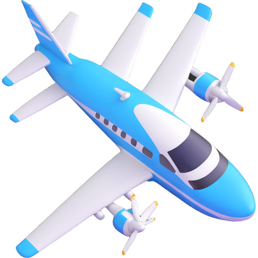 3D emoji style airplane, blue and white, with a smiling face emoji