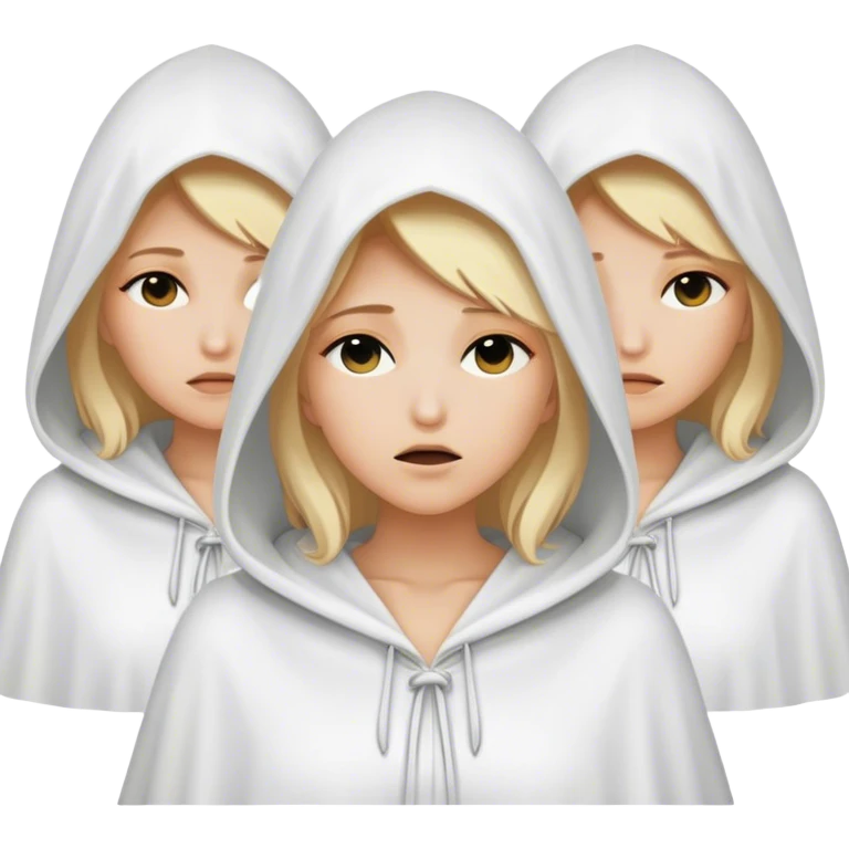 3 mysterious women with blonde hair  in white hooded cloaks that cover their eyes emoji