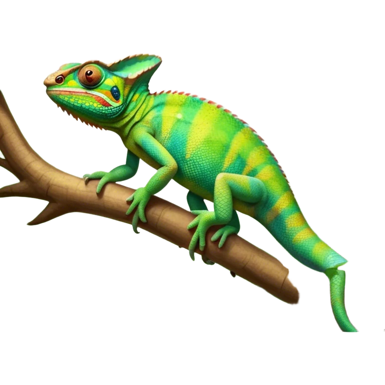 Giant Chameleon blending into natural surroundings, perched on a branch. Its vibrant colors shift with the environment. Lush greenery, branches, and soft sunlight create a peaceful, nature-filled background. Transparent background, showcasing the chameleon's colorful, textured skin. emoji