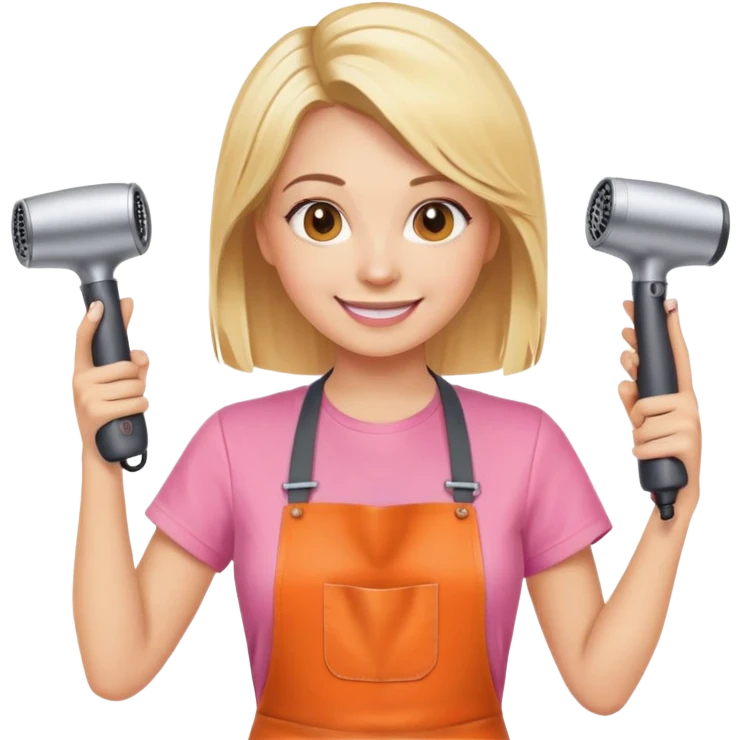 smiling blonde woman hairstylist wearing pink t-shirt and orange apron, hands raised, holding scissors and hairdryer emoji