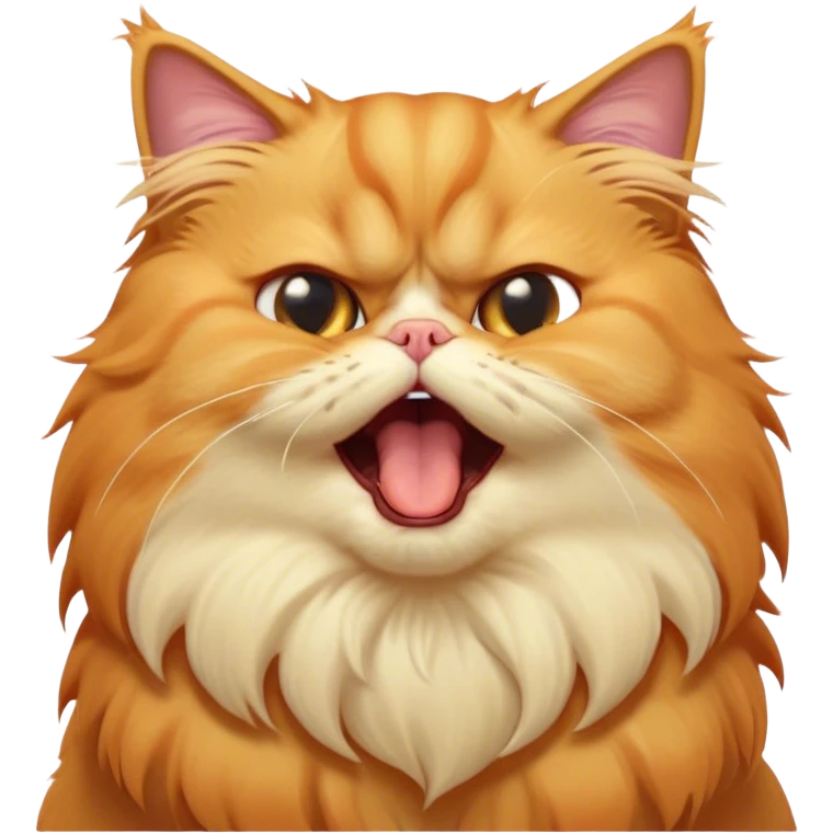 Cinematic Derpy Grumpy Comical Orange Persian Cat Portrait Emoji, Head tilted playfully with an adorably awkward yawning expression, fluffy orange fur with soft cream and golden undertones, Simplified yet hilariously derpy features, highly detailed, glowing with a warm but slightly confused glow, high shine, a mix of lazy and clueless, stylized with a touch of whimsy, bright but with a completely derpy and grumpy face, soft glowing outline, capturing the essence of a quirky yet chubby, grumpy kitty, so endearing it feels like it could stretch out of the screen and demand attention with its wonderfully derpy charm while yawning! emoji