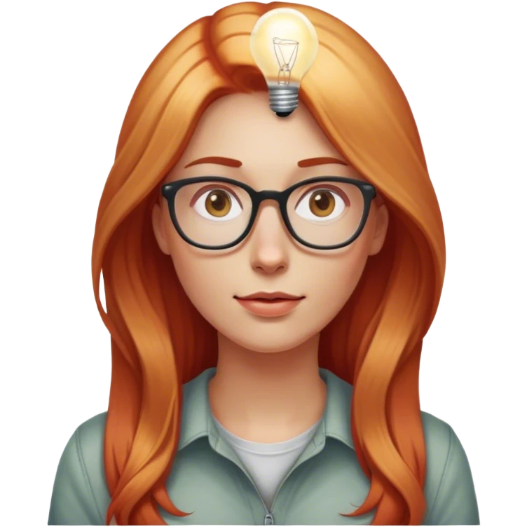 intelligent and clever, 30 year old, girl, long red and almost blond hair, glasses, has an brillant idea, light bulb over the head, casual cloth  emoji