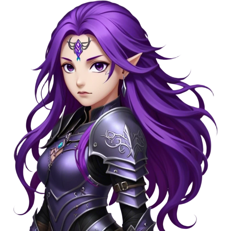 A mysterious warrior girl with long, flowing purple hair cascading down her back, strands catching the dim light like silk. Her piercing violet eyes glow. She wears sleek black armor, a perfect fusion of elegance and lethality, adorned with intricate silver engravings resembling ancient runes.  emoji