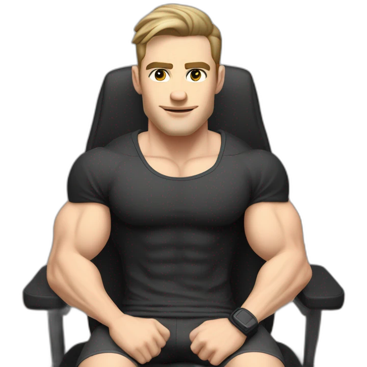 Pale skinned Fit Man With the biceps and dark brown hair in black shirt, gray sports shorts and white Sneakers Sitting on a chair emoji
