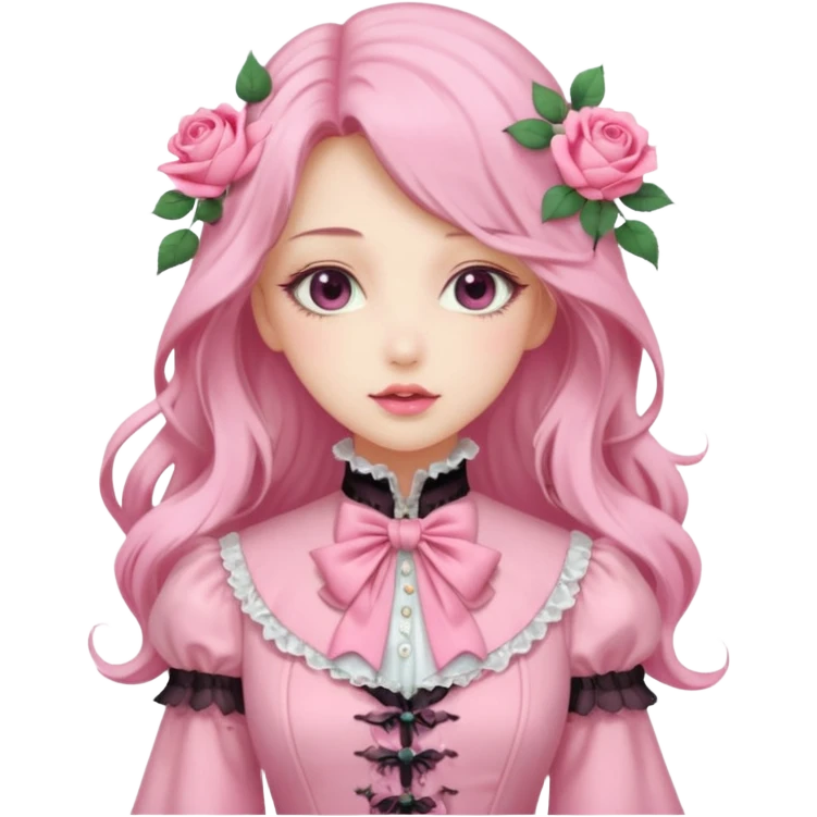 Gorgeous pastel anime lady with long hair and pink victorian style clothes and roses emoji