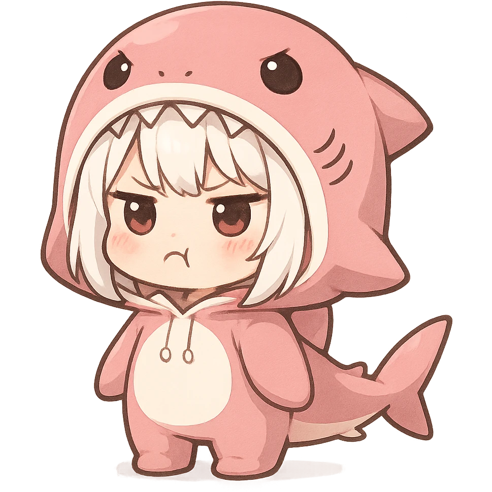 a cute girl with white hair in a pink shark costume, pouting angrily but adorably, chibi style emoji