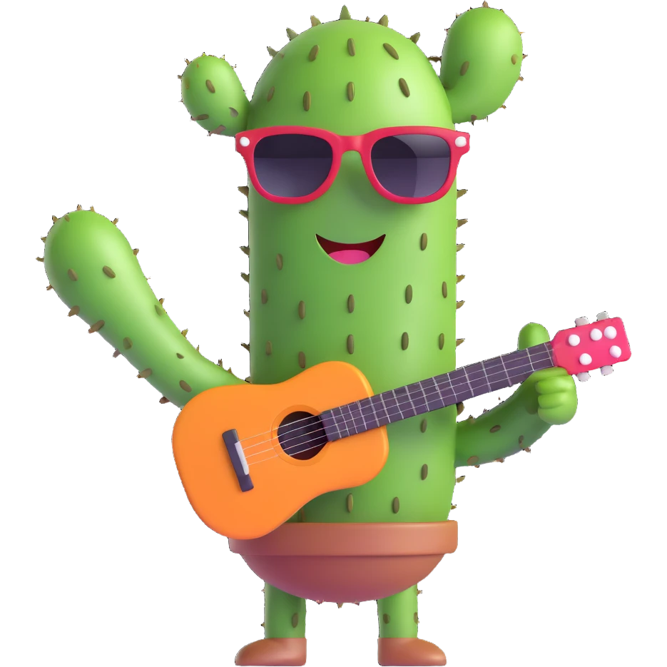 cheerful cactus with sunglasses holding a tiny guitar emoji