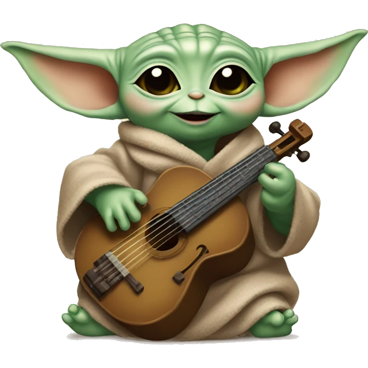 Baby Yoda with hearts around the head 💖 - shows love for his instrument or gadget, smiles happily. emoji