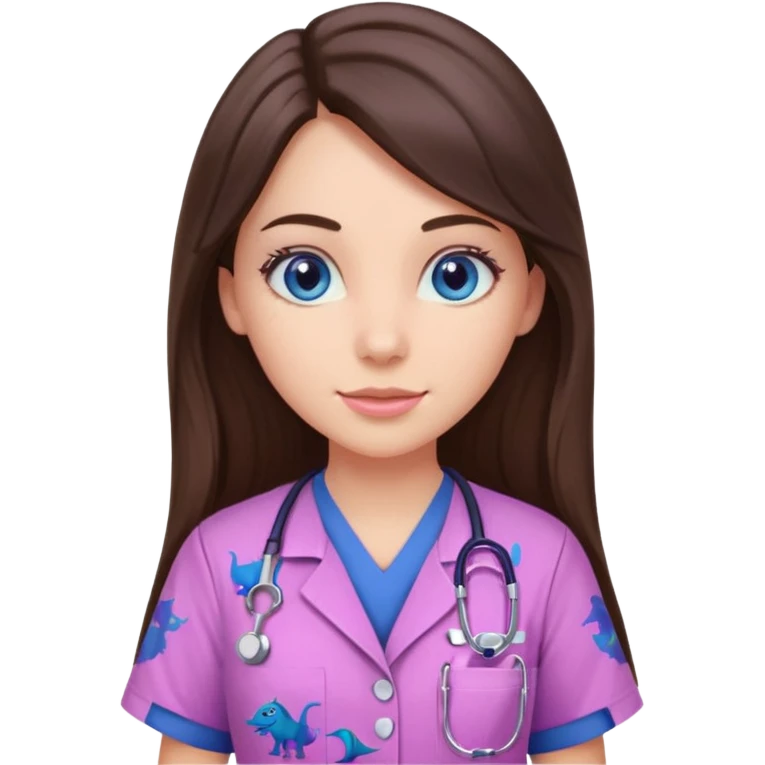 pretty brunette nurse with long hair and blue eyes in pink and purple dinosaur pattern scrubs emoji