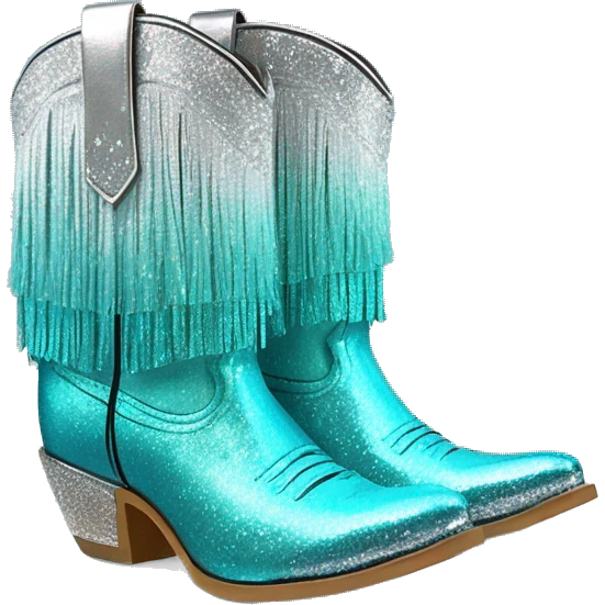 Realistic silver and turquoise blue ombre pair of fashion cowgirl boots with sparkly shiny glitter fringe on them. emoji