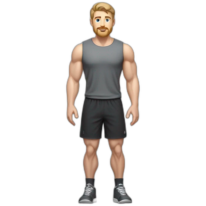 Full height Pale skinned fit man With biceps, Realistic eyes and mouth, light brown hair and stubble In dark gray sleeveless mike, black oversize sports shorts, watch and white sneakers. emoji