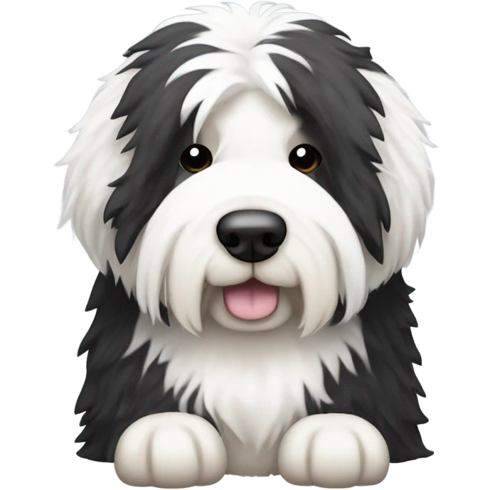 Old English sheepdog with a half and half face like a black (right side) and white (left side) cookie emoji