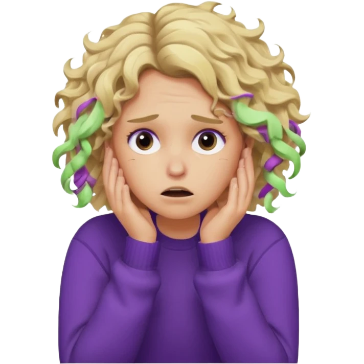 Emoji-style illustration of a frustrated young woman, messy curly tousled blonde hair, wearing a purple sweater, holding her face in her hands, expressing annoyance and disappointment, cartoonish, expressive, simple lines, flat colors, clear silhouette,  emoji