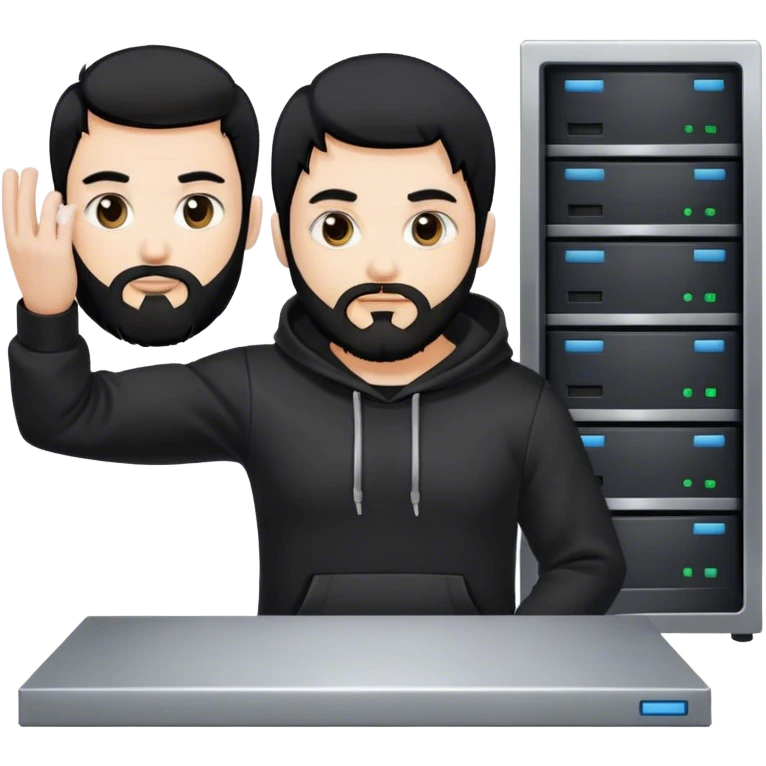 hackeur blanc cheveux noir barbe et capuche noir à côté d'un server emoji