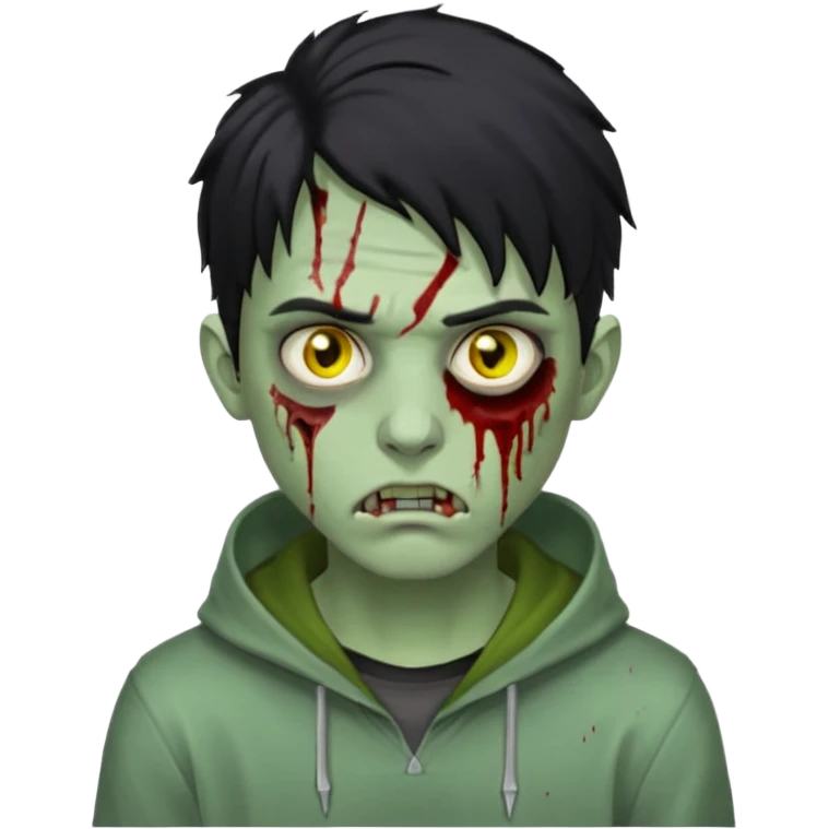 WhatsApp emoji-style zombie, young man, pale green skin, yellowish eyes with dark circles, medium-length messy black hair, blood tears, silver eyebrow piercing, nose ring, hoodie, realistic jawline, straight eyebrows, serious and sharp expression emoji