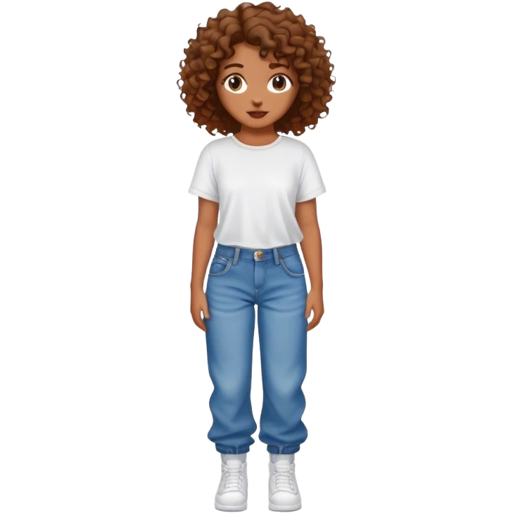Girl with baggy jeans ,a white top . Curly brown hair emoji