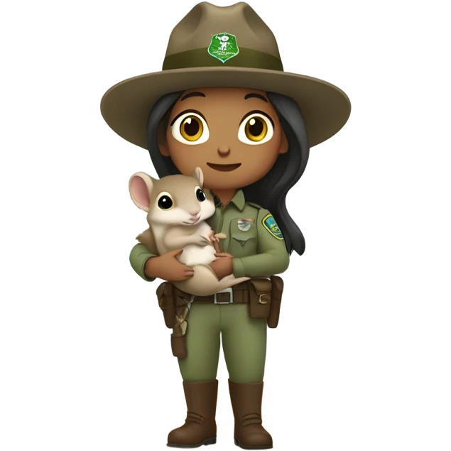Female park ranger with long dark hair holding a baby squirrel emoji