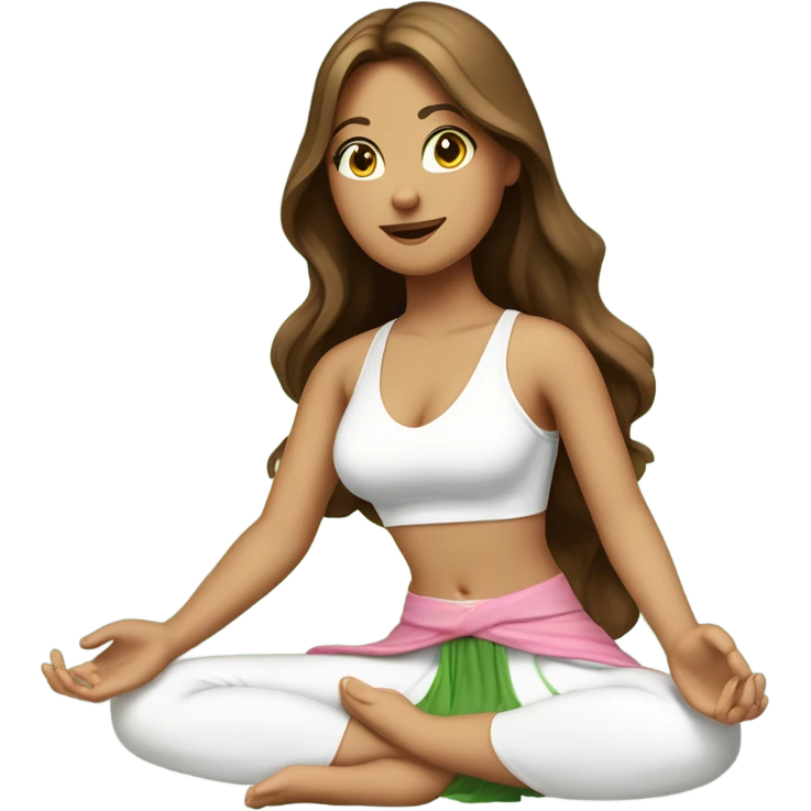A girl with brown long hair, fair skin and green eyes is sitting in a lotus position in a white bra top and pink skirts emoji
