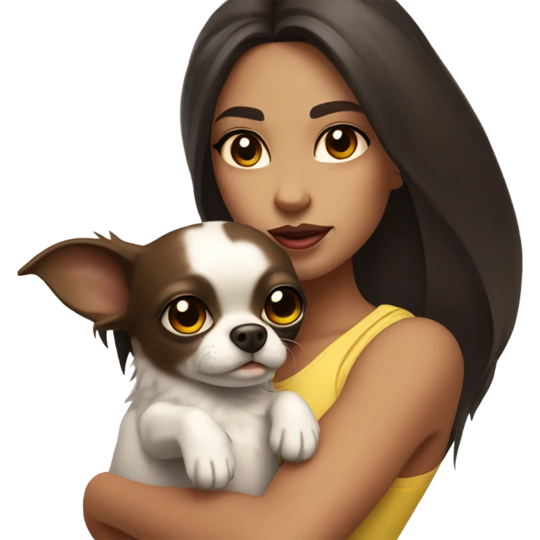 A girl with long very dark brown hair, big brown eyes, very big lips wearing a white singlet top, she is holding a small very chihuahua that is solid yellow emoji