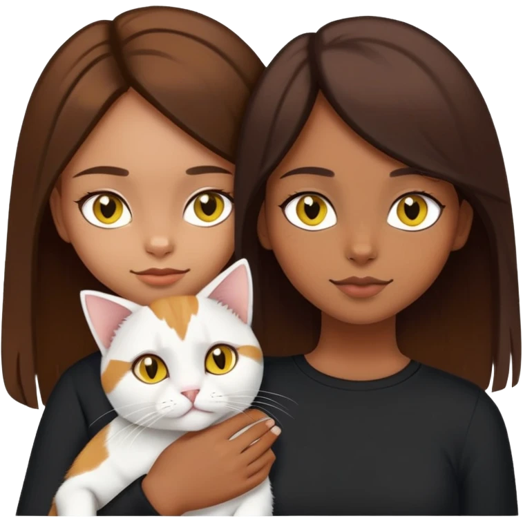 Brown straight-haired girl wearing black top with a pure white cat with yellow eyes and a calico cat emoji